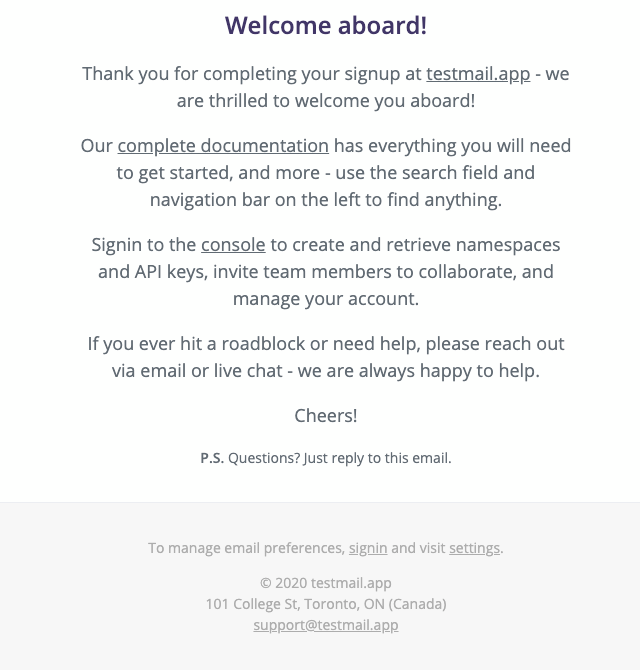 testmail.app Welcome Aboard Email